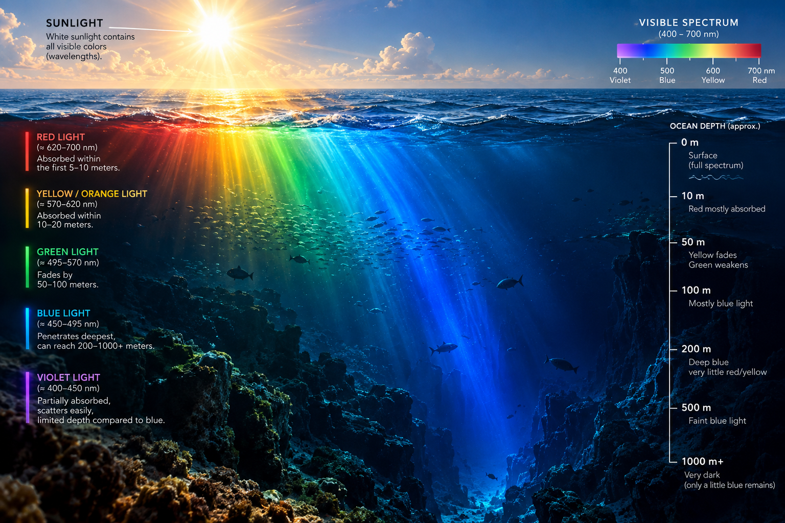 Why Is the Ocean Blue (and Why Does Deep Water Turn Black)? The Physics of Light in Water