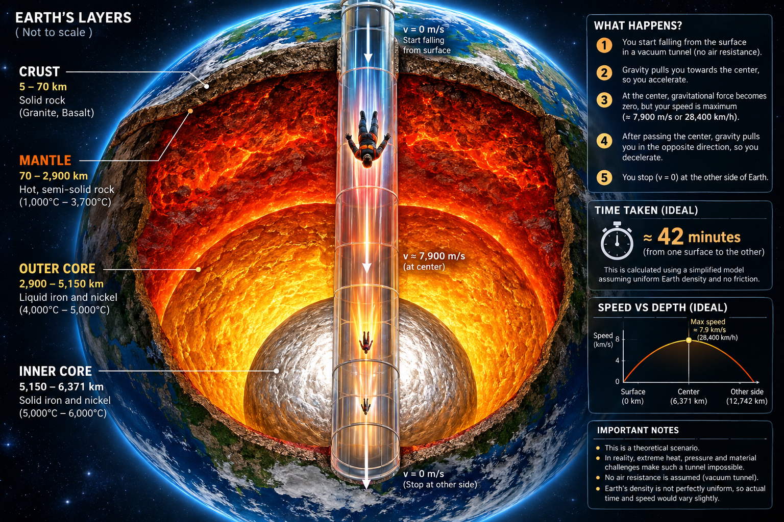 What Would Happen If You Jumped Through a Tunnel Drilled Straight Through Earth?